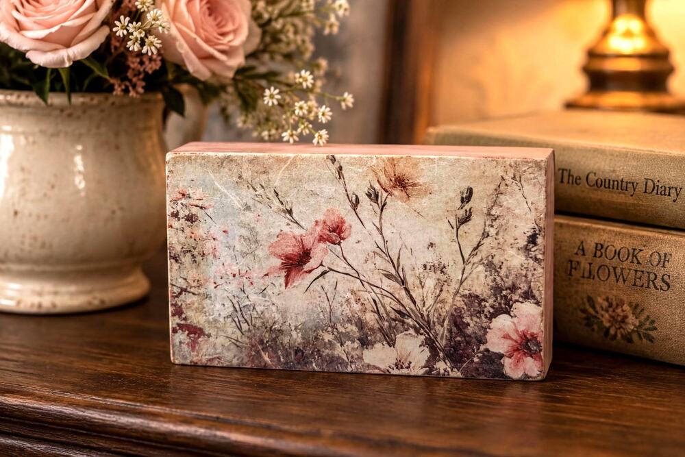 Pink Poppy Wildflower Wood Block Decoupage Art, Self Standing Shelf Accent | 5X3